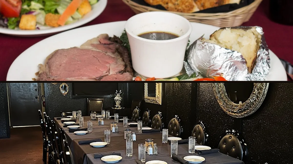 Dim steakhouse dining room with warm lighting.