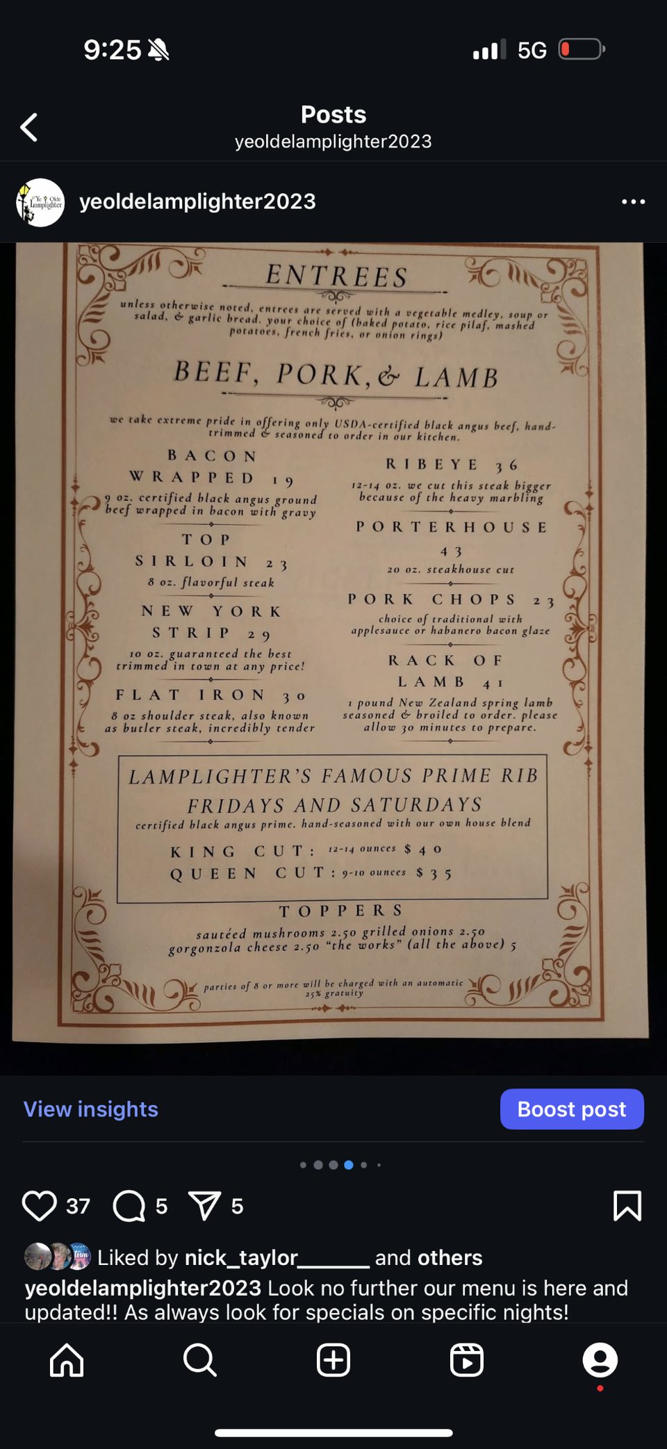 Menu page showing steaks, burgers, and soups.