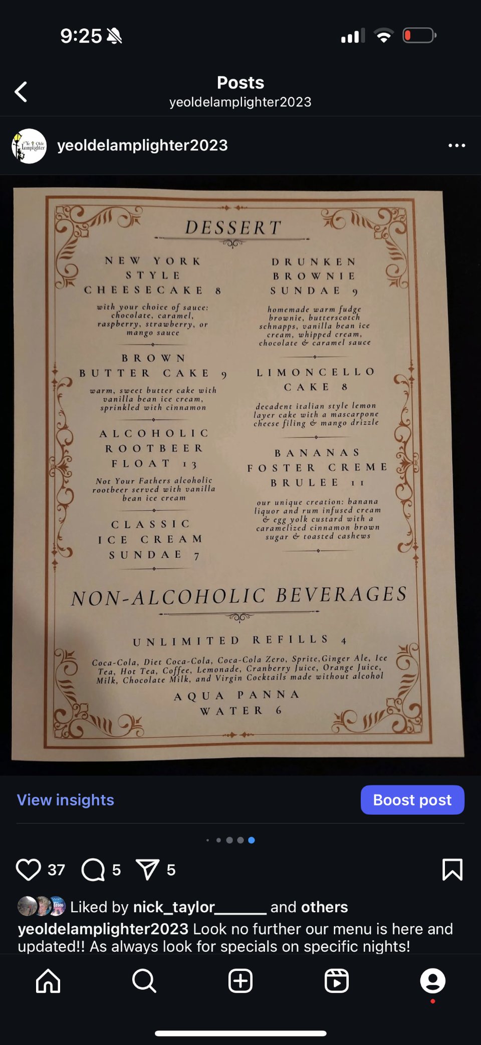 Printed menu with appetizers and desserts.